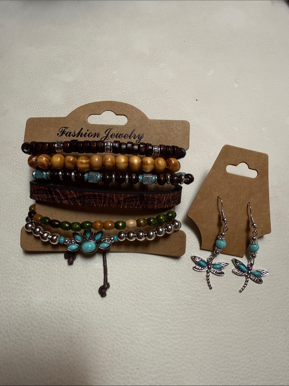 Boho bracelet stack with turquoise and silver tone dragonfly earrings set